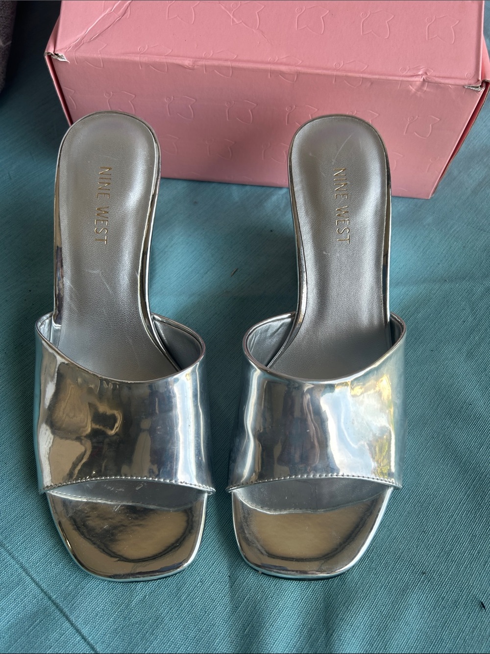 Nine West Metallic Silver Open-Toe Slide Mules